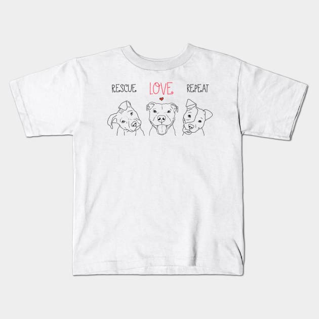 Rescue Love Repeat Dog Pit Bull Drawings, Dog Rescue Pittie Kids T-Shirt by sockdogs